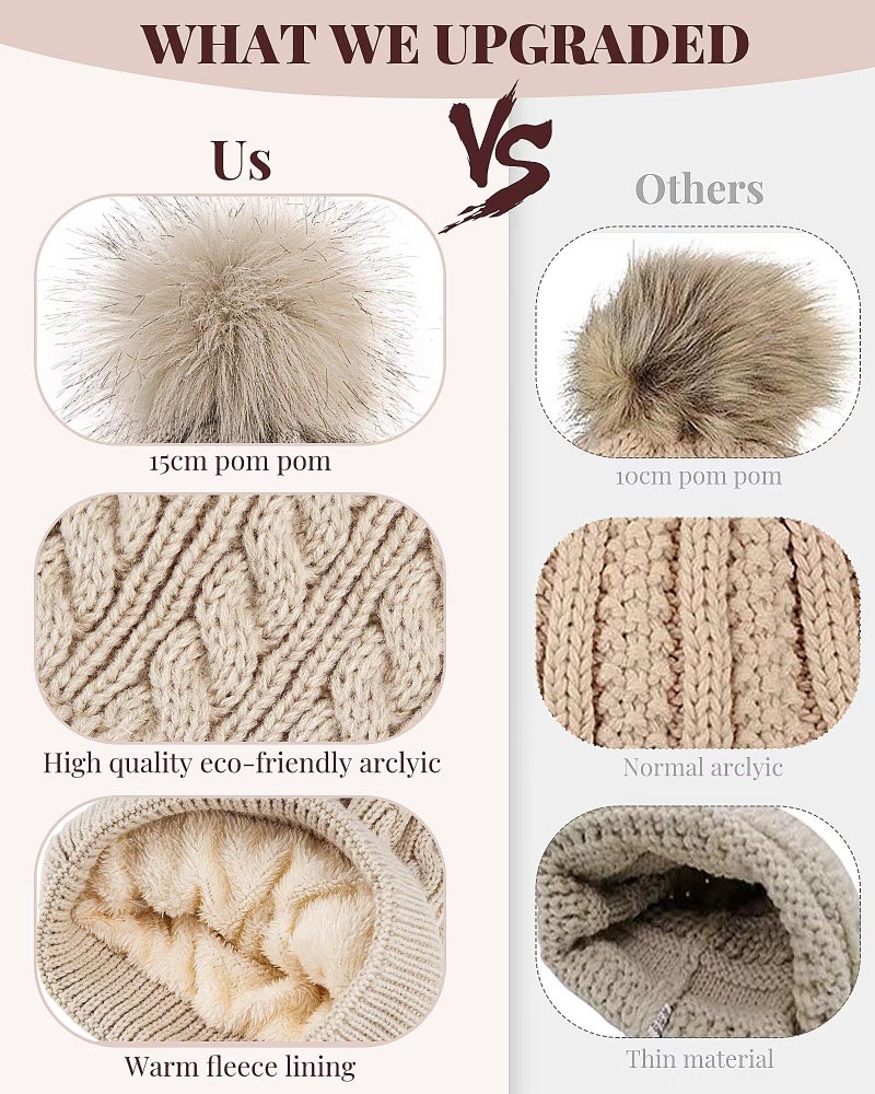 Alepo Womens Winter Beanie Hat, Warm Fleece Lined Knitted Soft Ski Cuff Cap with Pom Pom(Beige) - Image 2